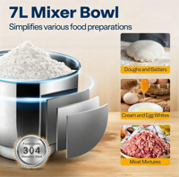 Robot culinaire électrique 1300W, 7L, pour usage domestique, boîtier en plastique sans BPA, avec mixeur et hachoir à viande en option