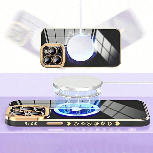 Gold-Plated Engraved High-End Custom Women's Phone Case for iPhone Heart-Shape Magnetic Full-Coverage Protective Electroplate