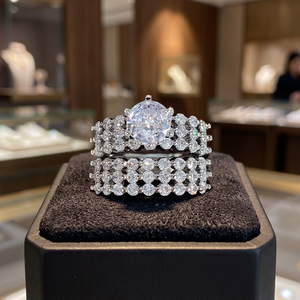 Ensemble de bagues de fiançailles et de mariage classiques de luxe en acier inoxydable plaqué platine pour femmes, avec zircon carré brillant, certifié CNAS, pour les fêtes - Product Image 1