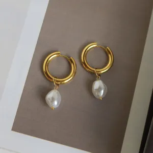 Minimalist Stainless Steel Hoop Earrings For Girls Fashion 18K Gold Plated Freshwater Pearl Dangle Drop Earrings Bridesmaid Gift