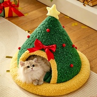 Nouveau Nid de Sommeil Rond Semi-Fermé pour Chat en Polaire Douce et Confortable, Motif Arbre de Noël, Idéal pour l'Hiver