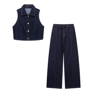 <span class=keywords><strong>Traje</strong></span> vaquero de cintura alta transpirable estilo Vintage americano europeo <span class=keywords><strong>para</strong></span> <span class=keywords><strong>mujer</strong></span>, Chaleco Corto ajustado informal con solapa, cinturón de cintura de poliéster/algodón - Product Image 5