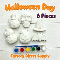 Perlengkapan Lukis DIY Halloween untuk Anak-Anak, 6 Bentuk Figurine Plester Tanpa Warna dengan Kuas Lukis, Pasokan Pabrik