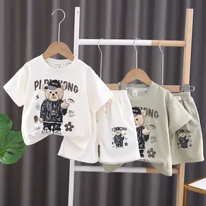 2024 Factory Price T-shirts Shorts Boys Two Piece Sets Clothing Cartoon Bear Cotton Waffle Kids Clothing Sets for Wholesale