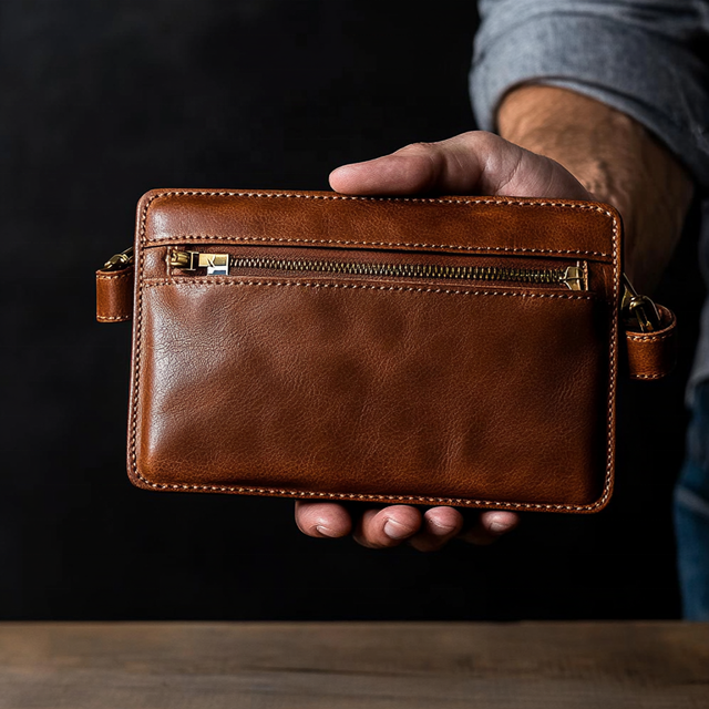 Light Weight Dark Brown Leather Wallet Multi-functional Men's Clutch Bag High Quality Vegan Leather Mobile Phone Bag