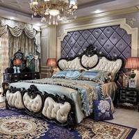 Meubles de chambre à coucher chinois de style européen, luxueux, taille King/Queen, noir et blanc, confortables, revêtement en cuir véritable