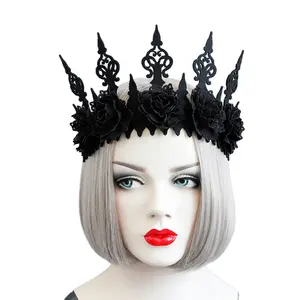 hitam aksesoris untuk wanita Suppliers-Bando Wanita untuk Anak Perempuan Aksesori Rambut Gothic Mahkota Hitam Halloween Penyihir Makeup Pesta Topeng