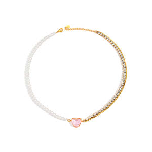 Pearl <b>Necklace</b> With Pink Heart Charm Gold Plated Stainless Steel Sustainable Resistant Jewelry For Women - Product Image 1