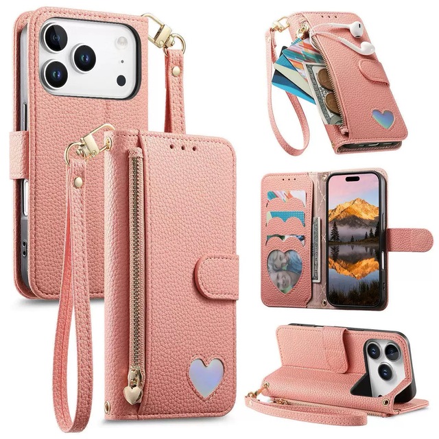 Hot Sale Love Card Slot Wallet Zipper PU Leather Phone Case for Samsung S26 ultra for iPhone 16 17promax Shockproof Phone Case