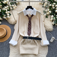 Robe Mini en Maille Effet Deux Pièces Style Preppy Automne 2026 pour Femme, Coupe Slim Moulante, Robe de Bureau avec Ceinture