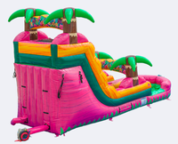 Toboggan aquatique gonflable rose vif tropical pas cher, toboggan aquatique double piste palmier pour enfants, idéal pour carnaval et fêtes à la piscine