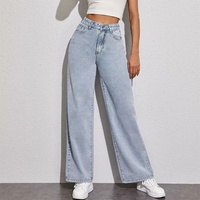 Jean en denim bleu délavé taille haute coupe droite ample et décontractée pour femme, style vintage, respirant et imperméable, idéal pour l'été – Vente en gros