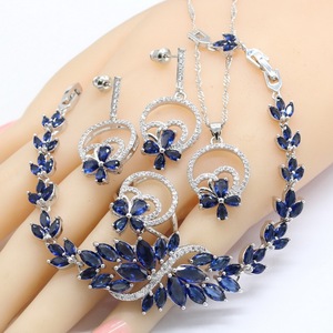 New Dark Blue Zircon Platinum Silver Plated Trendy Jewelry Sets Women <strong>Wedding</strong> Party Gift Earrings Bracelet <strong>Rings</strong> <strong>Necklace</strong> - Product Image 1