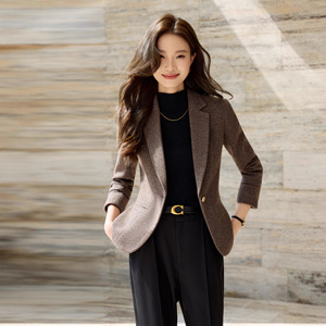 Brown Blazer For Women Solid Color Polyester Worsted Anti-Wrinkle Professional Formal Korean Style Short Slim Fit Autumn <b>Winter</b> - Product Image 1