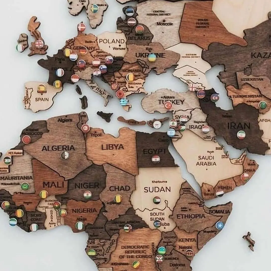 Peta dunia kustom peta kayu dinding dunia warna-warni peta Pin Pin Travel kayu dunia 3d