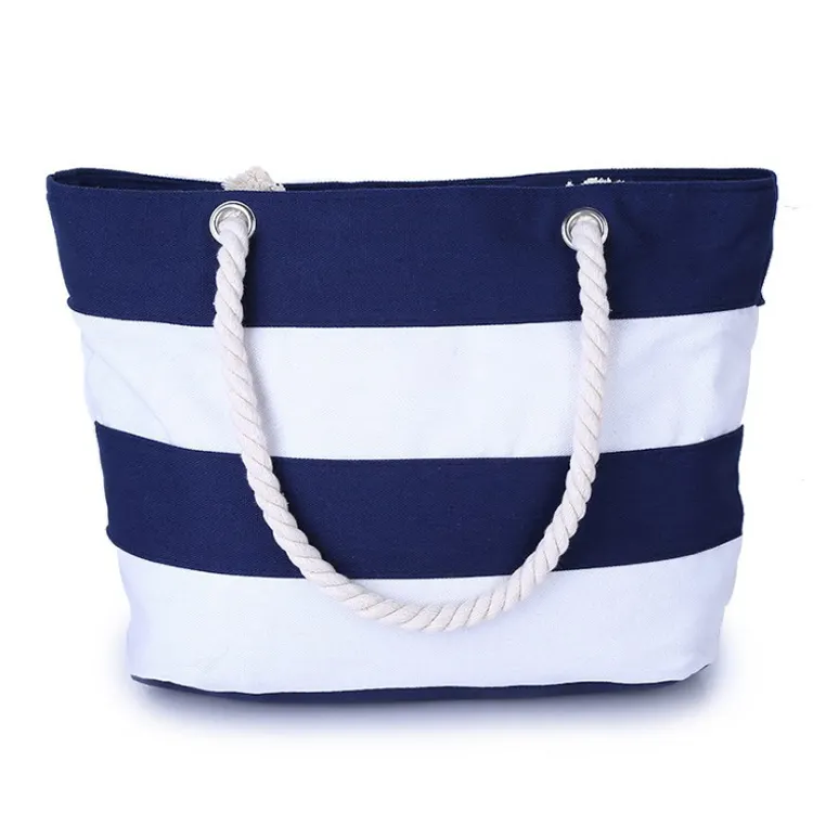 China manufacturer Fashion rope handle stripe canvas beach tote bag wholesale