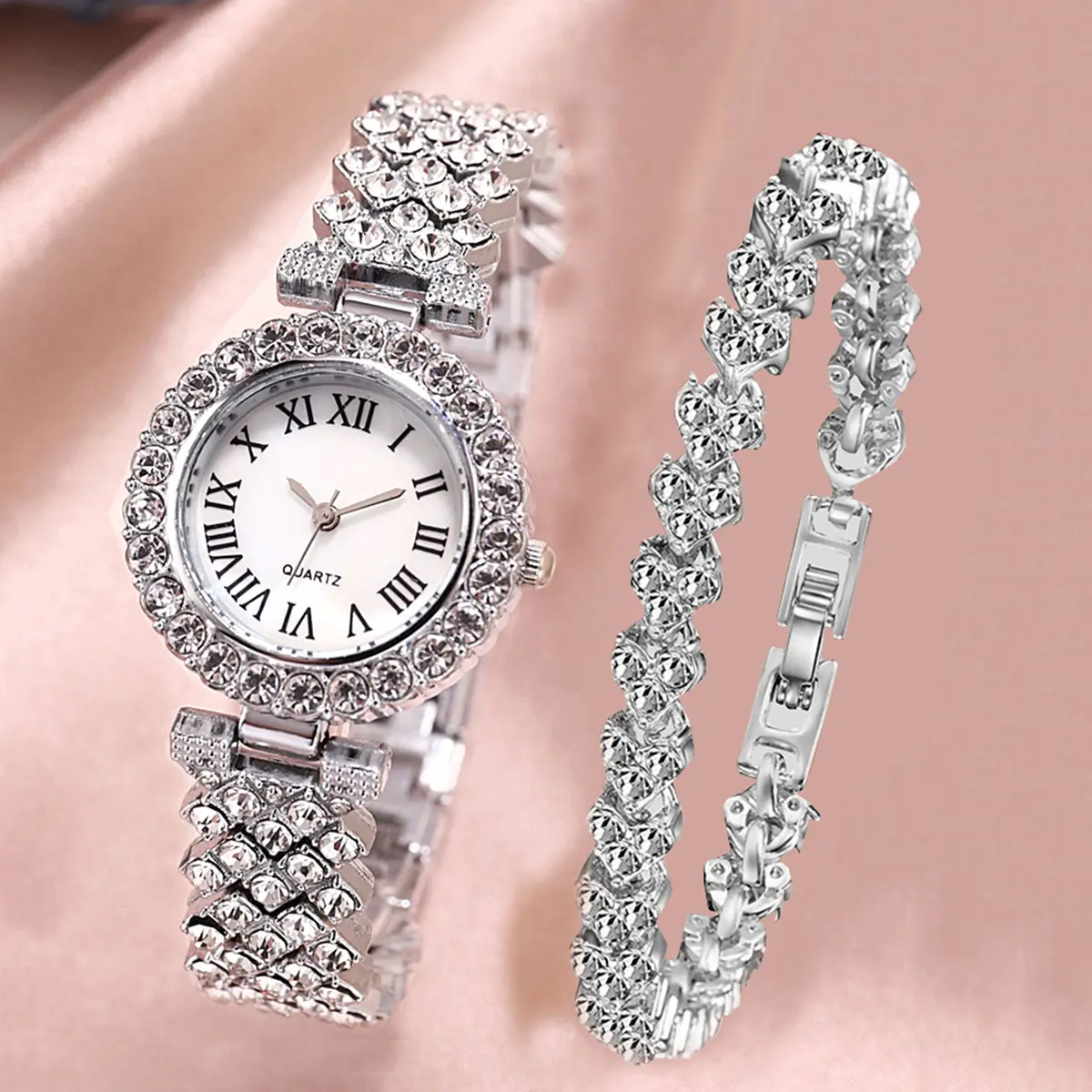 Relógio de quartzo luxuoso para mulheres, conjunto de pulseiras de ouro rosa e diamantes, novidade em 2024