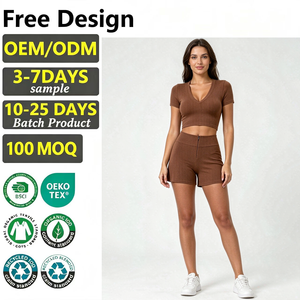 Women Ribbed V Neck <b>Short</b> Sleeve Crop Top And Zip Front High Waist <b>Shorts</b> <b>Set</b> Soft Elastic Daily <b>Ladies</b> Outfit - Product Image 1