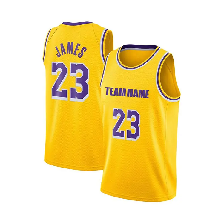 เสื้อบาสเก็ตบอล Laker Jersei Laker Laker,เสื้อบาสเก็ตบอลสีเหลืองแบบระเหิดและดีไซน์สั้น