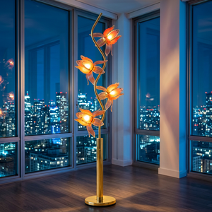 Elegant Lotus Floor Lamp Wholesale, 4 Petal Acrylic <b>Shade</b>, S-shaped Golden Stand, Indoor Hotel Lighting - Product Image 2