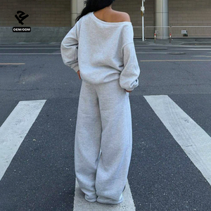 F5760 Y2K Quá Khổ Mồ Hôi Thiết Lập Cho Phụ Nữ Ánh Sáng Grey Chân Rộng Loungewear Co-ORD Sexy Tắt Vai Áo Và Palazzo Quần - Product Image 2