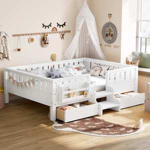 <span class=keywords><strong>Lit</strong></span> plateforme pour enfants avec rangement intégré, bibliothèque, tiroirs et escalier à 2 marches, en bois massif moderne et écologique, taille double/grand <span class=keywords><strong>lit</strong></span> - Product Image 3