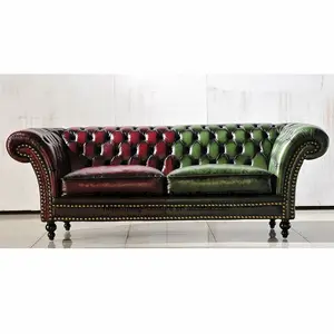 Top Grade Vintage Real Leather Antique Queen Anne Leather Tufted Living room furniture