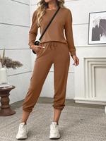 Ensemble deux pièces pour femme, haut à col rond à manches longues et pantalon de jogging à cordon de serrage, tenue de survêtement décontractée unie HX6479