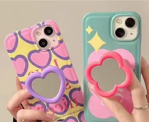 New Ins Design Sweet Pink Love Cell Phone Case With Love and Floral Mirror For iPhone 14 13 12 Pro