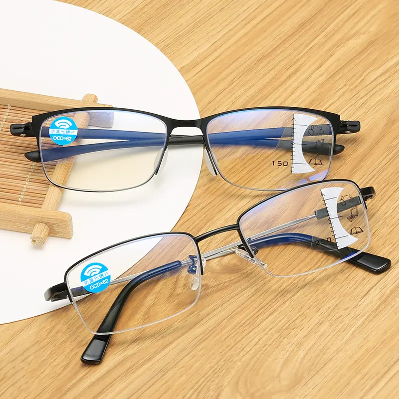 Titanium TR90 Lensa Multifokal Progresif Cahaya Biru Memblokir Lentes De Lectura Kacamata Baca Bingkai Setengah Pria Wanita