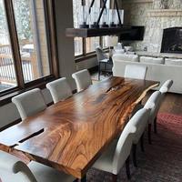 Table de salle à manger industrielle moderne en bois de noyer massif à bord naturel, vente en gros à bas prix