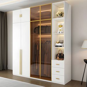 Muebles de Dormitorio Modernos Personalizados, Armario de Almacenamiento de <span class=keywords><strong>Ropa</strong></span> <span class=keywords><strong>para</strong></span> Adultos, Vestidor con 5 Puertas, Armario de Madera Blanco con Puerta de Vidrio - Product Image 2