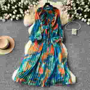 Vestido Midi con estampado al óleo para mujer, vestido elegante Vintage francés para mujer, vestidos de gasa con estampado de cintura y manga larga - Product Image 1