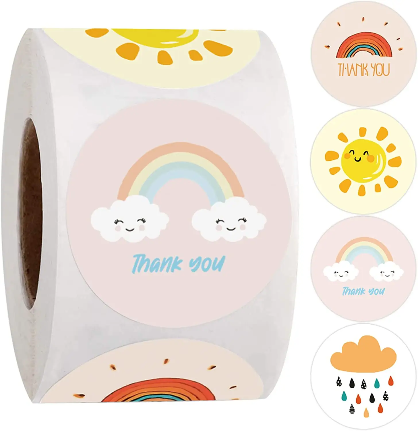 100-500 Pcs Round Cartoon Thank You Stickers Cute Sun Rainbow Clouds Sticker for Handmade Gift Decor Kids Labels