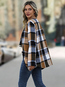 Abrigo a Cuadros Marrón con Bloques de Color para Mujer |   Chaqueta Oversize Elegante para Tallas Grandes |   Ropa de abrigo informal para otoño e invierno - Product Image 2