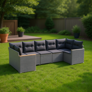 Conjunto de Sofá Grande para Jardín de Ratán Gris con Estructura de Acero, Resistente a la Intemperie, Diseño Contemporáneo para 6 Personas - Product Image 2