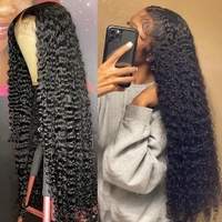 Perruques en cheveux humains en gros, bouclées, à ondulations profondes, avec dentelle transparente, alignement des cuticules, naturelles, sans colle, pour femmes noires