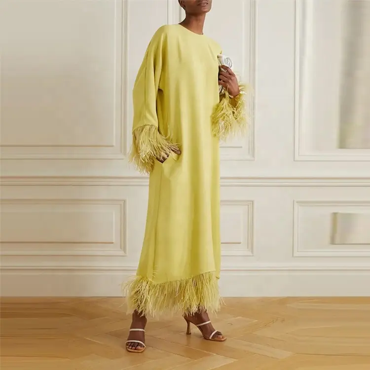 Low MOQ Women Robe Long Sleeve Tassel Crew Neck Solid Color Gown Maxi Taffeta Casual 2023 Loose Feather Trim Dress