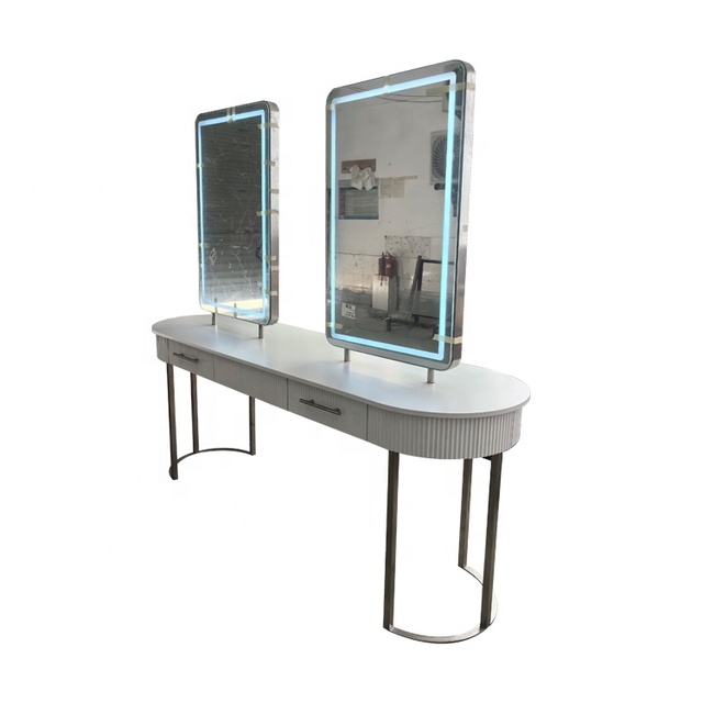 Rectangle Modern Portable Salon Hairdressing Mirror with Table Smart Illuminated Double Sided Station for Hair Salon
