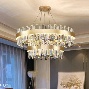Lámpara de araña de cristal de lujo, redonda, con luz LED, para sala de estar, villa, hotel, salón de bodas, con múltiples cabezales, control por interruptor E27 - Product Image 1