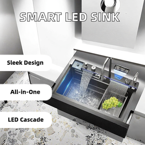 Thông Minh Hộ Gia Đình LED Thác Đa Chức Năng Thép Không Gỉ Bồn Rửa Nhà Bếp Handmade Vuông Bốn Lỗ Brass Nano Van Vòi Nước Màu Đen - Product Image 3