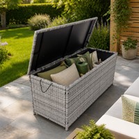 Grande boîte de rangement extérieure grise en rotin PE avec doublure imperméable