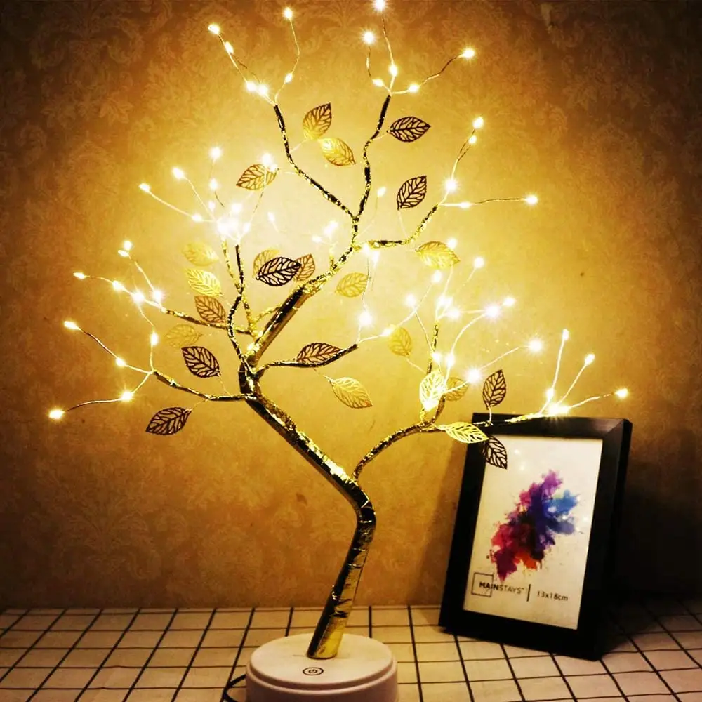 عيد الميلاد بطارية تعمل بالطاقة USB اللمس التبديل منضدية الديكور الأسلاك النحاسية 36 LED الجنية شجرة بونساي صناعية أضواء للأشجار مع ورقة