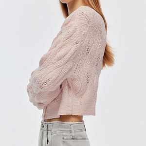 <span class=keywords><strong>Cardigan</strong></span> court en tricot à col en V <span class=keywords><strong>ajouré</strong></span> rose doux et quotidien pour femmes, nouveau design personnalisé Wisrise - Product Image 3