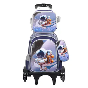 Wholesale Stock 3 Pcs 1 Set Waterproof Backpack Set With Wheel Girl Kids 3D Character Trolley School Bag