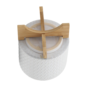Pot en céramique avec support en bois, design géométrique blanc, pot décoratif intérieur/extérieur pour la maison, le jardin, l'entrée, la terrasse - Product Image 5