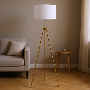 Lampadaire trépied en acier de 59,75 pouces avec abat-jour en tissu doré E26 pour éclairage de salon - Product Image 2