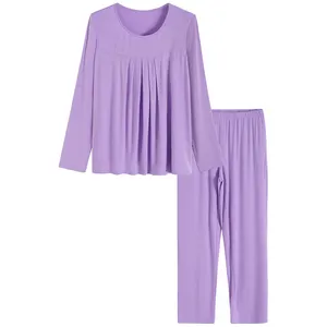 Women's Long Sleeves Bamboo Viscose Pleated Tops Pajamas Pants With Pockets Made From Sustainable And Eco Friendly Bamboo Fiber