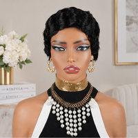 Wig Rambut Manusia Berlapis Warna Hitam Alami Pixie Finger Wave Wig Rambut Manusia Buatan Mesin Remy untuk Wanita