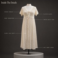 Robe midi en dentelle au crochet pour femme, personnalisée OEM ODM, à manches courtes volantées, col en V, taille empire, coupe trapèze, pour l'été, vente en gros